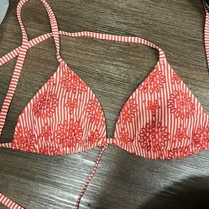 Aerie bright red coral pinstripe triangle bikini top with eyelet design